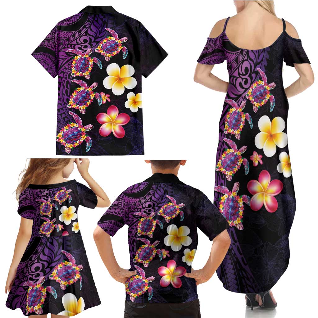 Hawaiian Turtles and Plumeria Family Matching Summer Maxi Dress and Hawaiian Shirt Polynesian Art Tribal Tattoo Deep Violet Color LT03 - Polynesian Pride