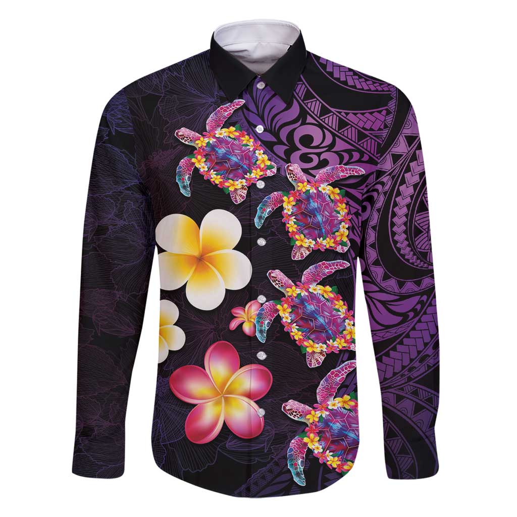 Hawaiian Turtles and Plumeria Family Matching Summer Maxi Dress and Hawaiian Shirt Polynesian Art Tribal Tattoo Deep Violet Color LT03 Dad's Shirt - Long Sleeve Purple - Polynesian Pride