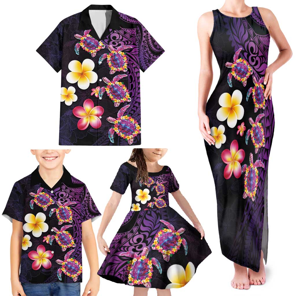 Hawaiian Turtles and Plumeria Family Matching Tank Maxi Dress and Hawaiian Shirt Polynesian Art Tribal Tattoo Deep Violet Color LT03 - Polynesian Pride