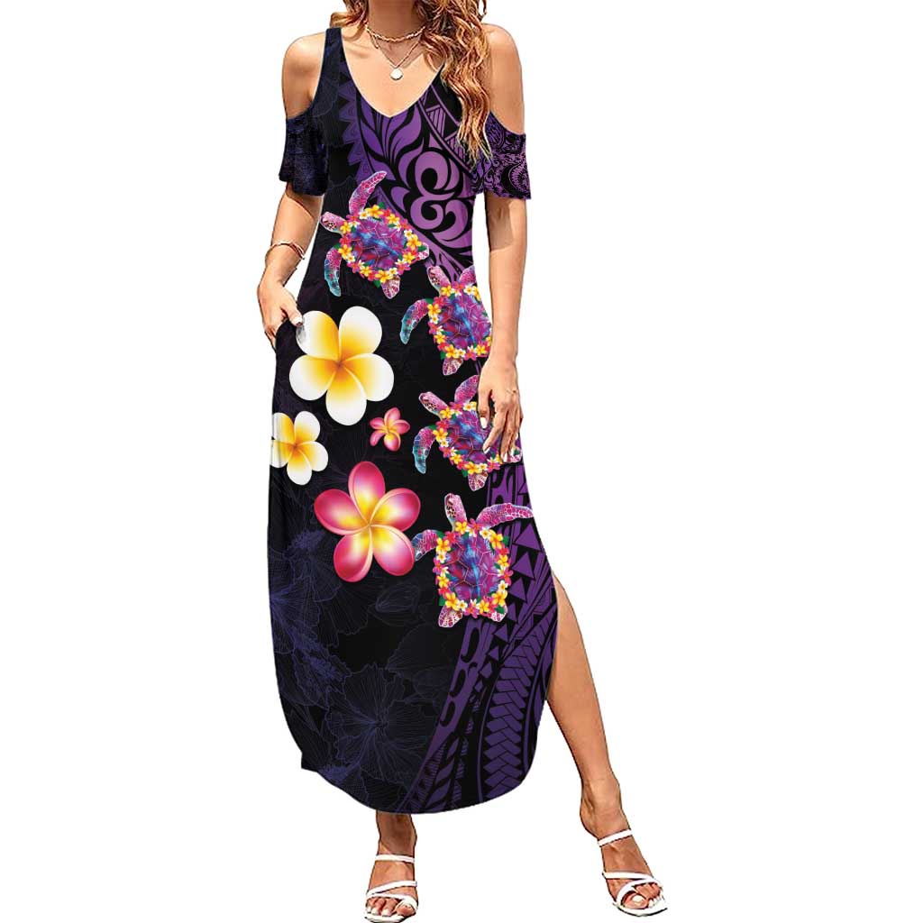 Hawaiian Turtles and Plumeria Summer Maxi Dress Polynesian Art Tribal Tattoo Deep Violet Color LT03 Women Purple - Polynesian Pride