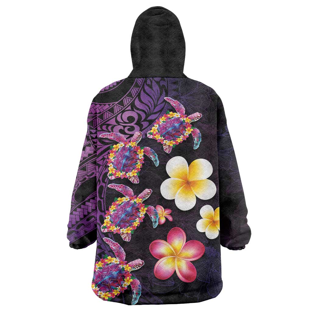 Hawaiian Turtles and Plumeria Wearable Blanket Hoodie Polynesian Art Tribal Tattoo Deep Violet Color LT03 - Polynesian Pride