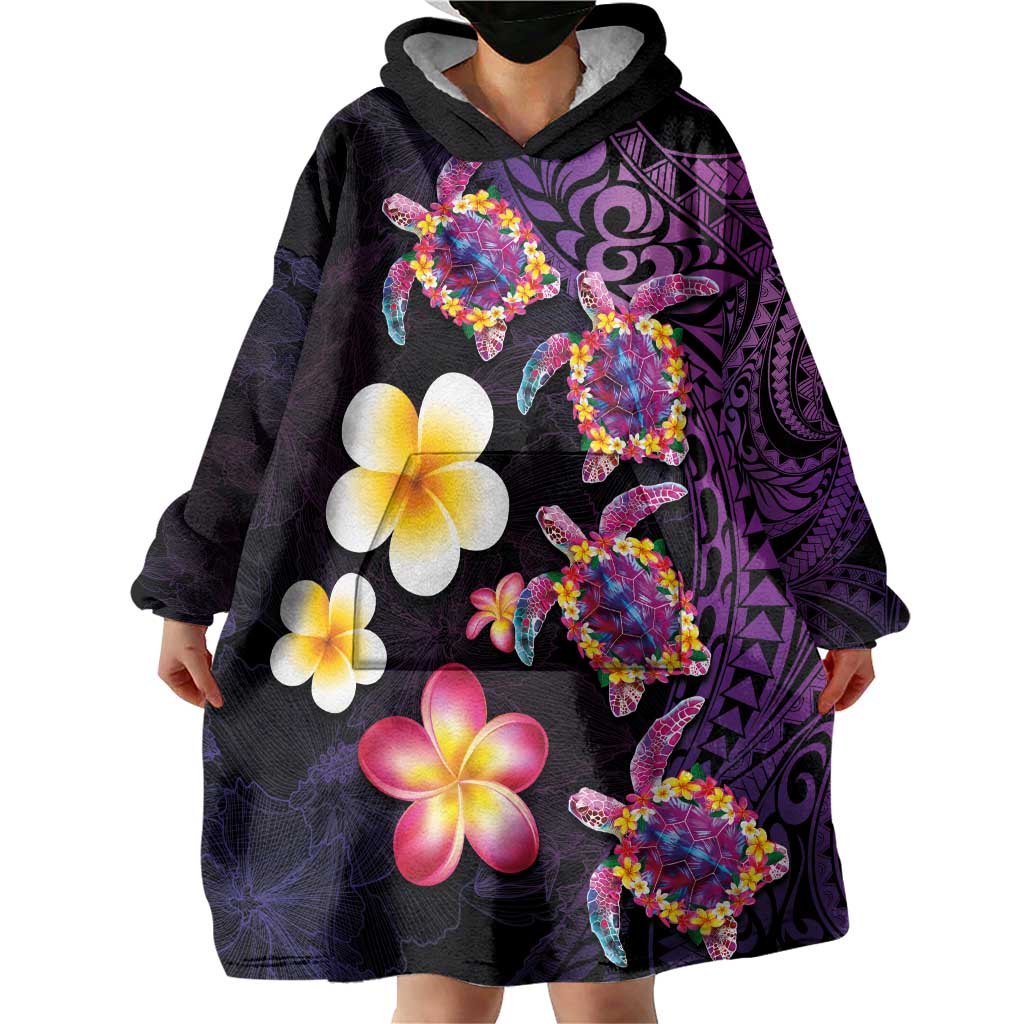 Hawaiian Turtles and Plumeria Wearable Blanket Hoodie Polynesian Art Tribal Tattoo Deep Violet Color LT03 - Polynesian Pride