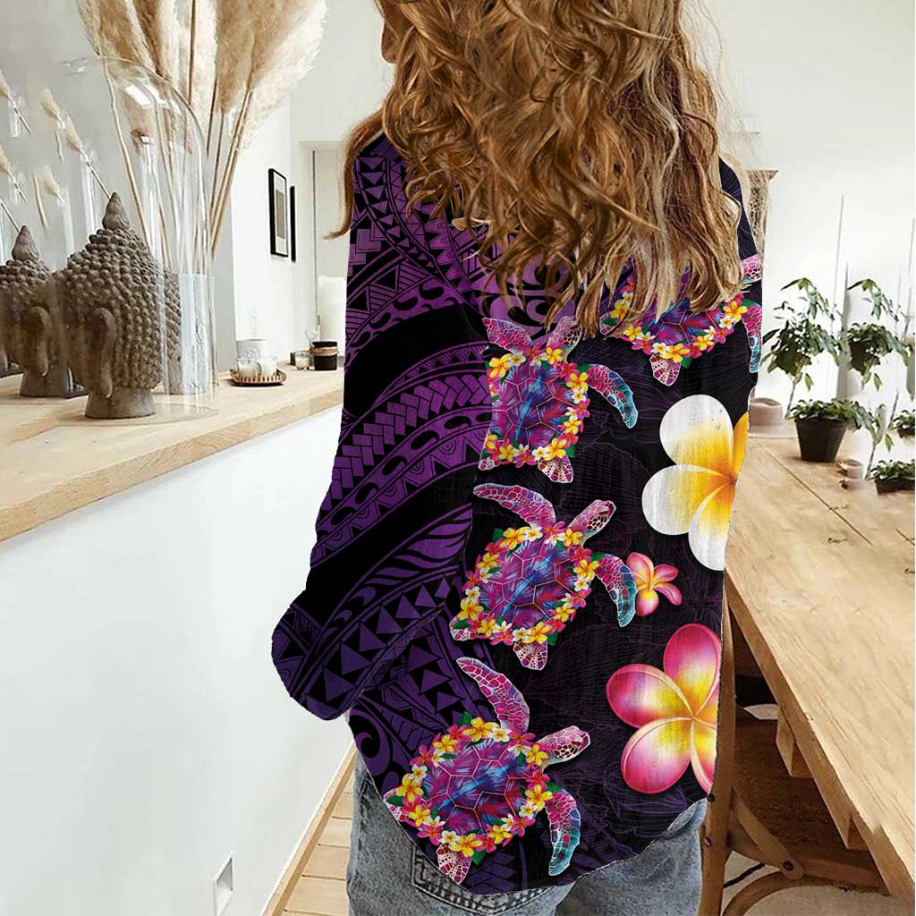 Hawaiian Turtles and Plumeria Women Casual Shirt Polynesian Art Tribal Tattoo Deep Violet Color LT03 - Polynesian Pride