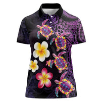 Hawaiian Turtles and Plumeria Women Polo Shirt Polynesian Art Tribal Tattoo Deep Violet Color LT03 Female Purple - Polynesian Pride