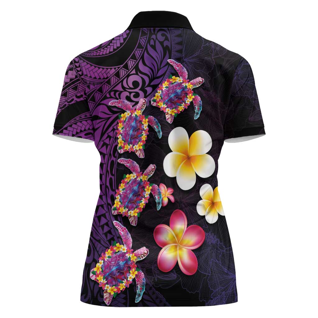 Hawaiian Turtles and Plumeria Women Polo Shirt Polynesian Art Tribal Tattoo Deep Violet Color LT03 - Polynesian Pride