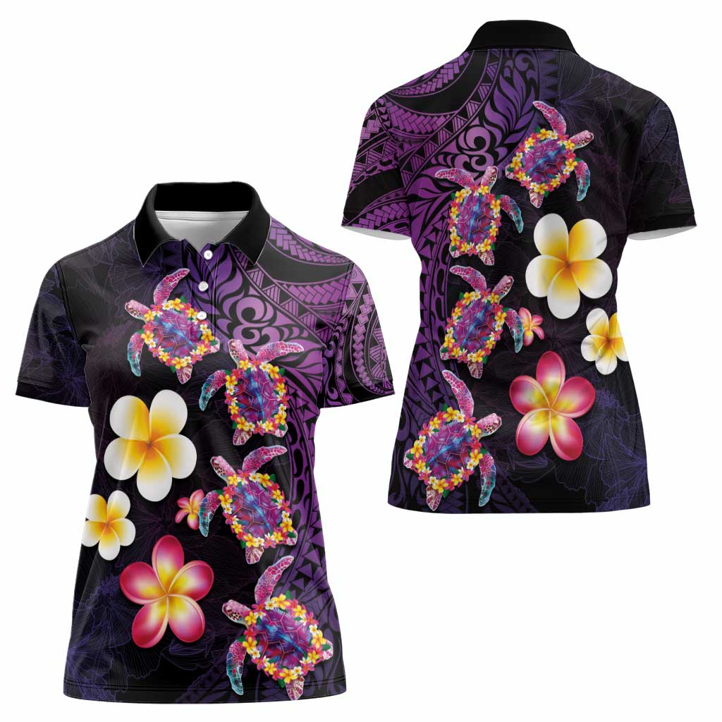 Hawaiian Turtles and Plumeria Women Polo Shirt Polynesian Art Tribal Tattoo Deep Violet Color LT03 - Polynesian Pride