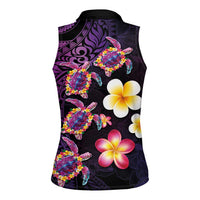Hawaiian Turtles and Plumeria Women Sleeveless Polo Shirt Polynesian Art Tribal Tattoo Deep Violet Color LT03 - Polynesian Pride