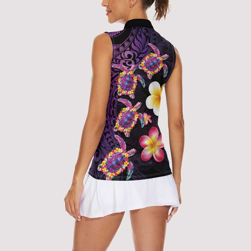 Hawaiian Turtles and Plumeria Women Sleeveless Polo Shirt Polynesian Art Tribal Tattoo Deep Violet Color LT03 - Polynesian Pride