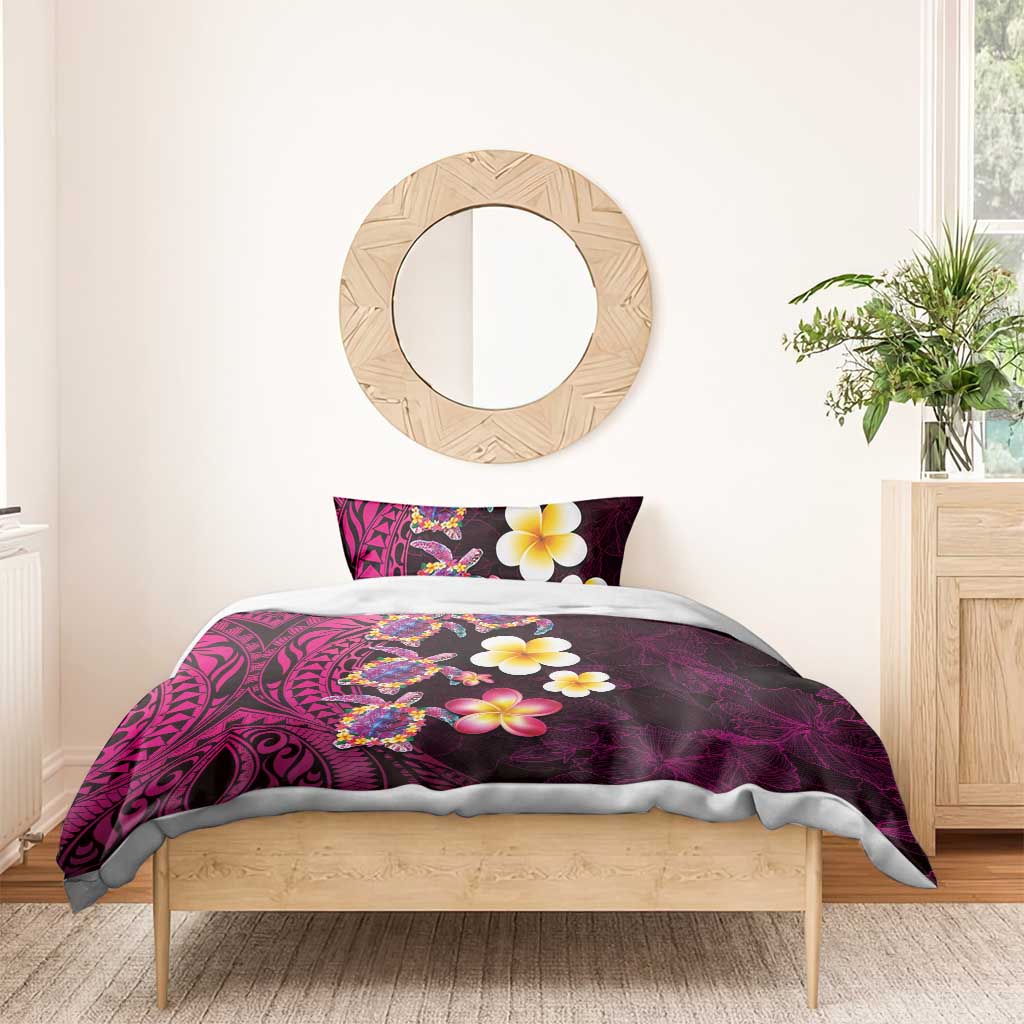 Hawaiian Turtles and Plumeria Bedding Set Polynesian Art Tribal Tattoo Cerise