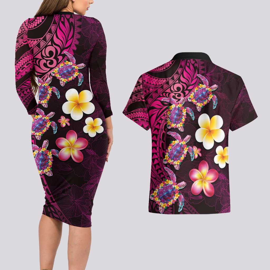 Hawaiian Turtles and Plumeria Couples Matching Long Sleeve Bodycon Dress and Hawaiian Shirt Polynesian Art Tribal Tattoo Cerise LT03 - Polynesian Pride