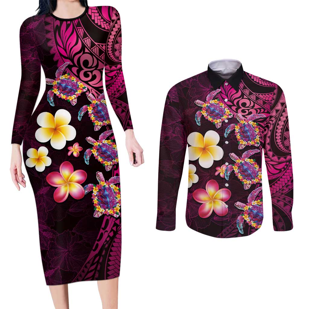 Hawaiian Turtles and Plumeria Couples Matching Long Sleeve Bodycon Dress and Long Sleeve Button Shirt Polynesian Art Tribal Tattoo Cerise LT03 Pink - Polynesian Pride