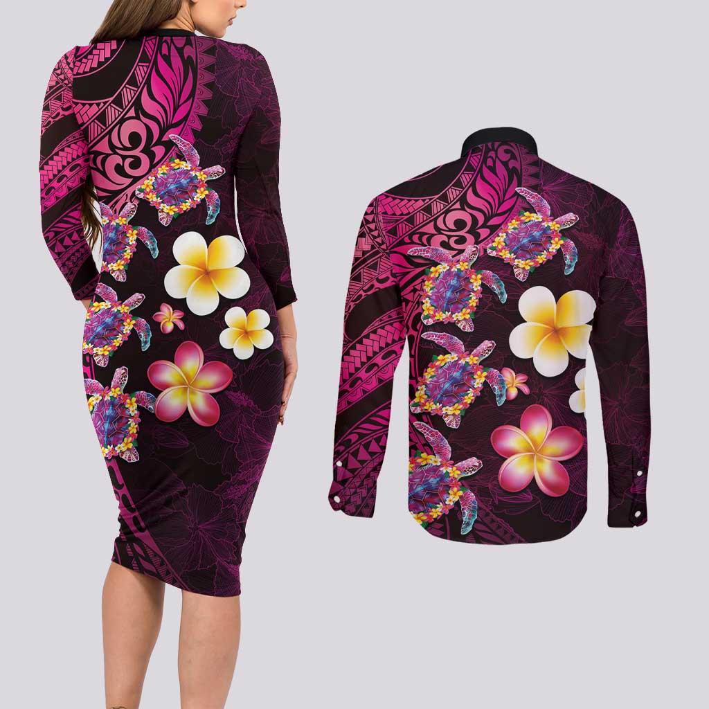 Hawaiian Turtles and Plumeria Couples Matching Long Sleeve Bodycon Dress and Long Sleeve Button Shirt Polynesian Art Tribal Tattoo Cerise LT03 - Polynesian Pride
