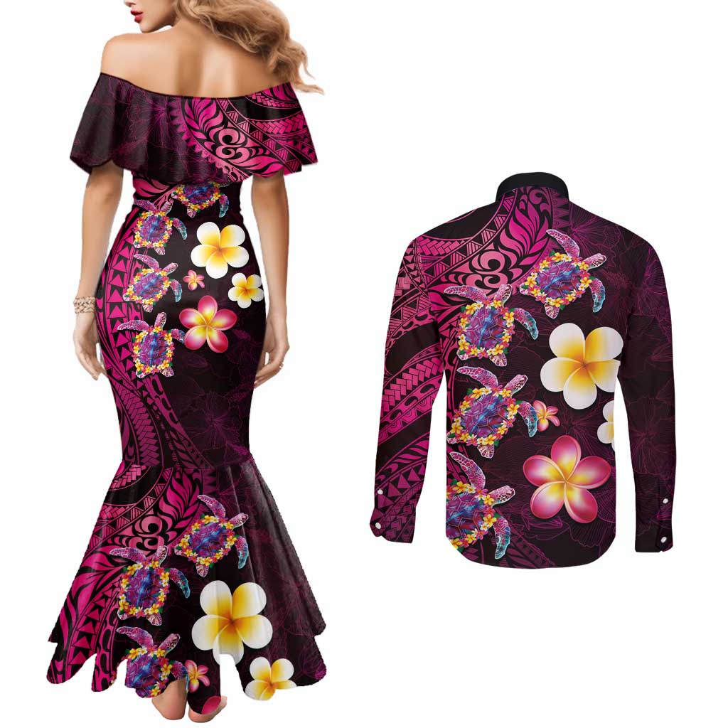 Hawaiian Turtles and Plumeria Couples Matching Mermaid Dress and Long Sleeve Button Shirt Polynesian Art Tribal Tattoo Cerise LT03 - Polynesian Pride