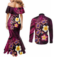 Hawaiian Turtles and Plumeria Couples Matching Mermaid Dress and Long Sleeve Button Shirt Polynesian Art Tribal Tattoo Cerise LT03 - Polynesian Pride