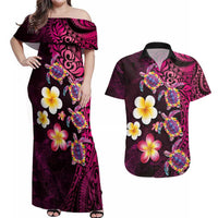 Hawaiian Turtles and Plumeria Couples Matching Off Shoulder Maxi Dress and Hawaiian Shirt Polynesian Art Tribal Tattoo Cerise LT03 Pink - Polynesian Pride