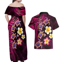 Hawaiian Turtles and Plumeria Couples Matching Off Shoulder Maxi Dress and Hawaiian Shirt Polynesian Art Tribal Tattoo Cerise LT03 - Polynesian Pride
