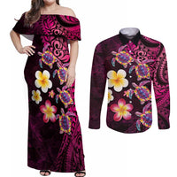 Hawaiian Turtles and Plumeria Couples Matching Off Shoulder Maxi Dress and Long Sleeve Button Shirt Polynesian Art Tribal Tattoo Cerise LT03 Pink - Polynesian Pride