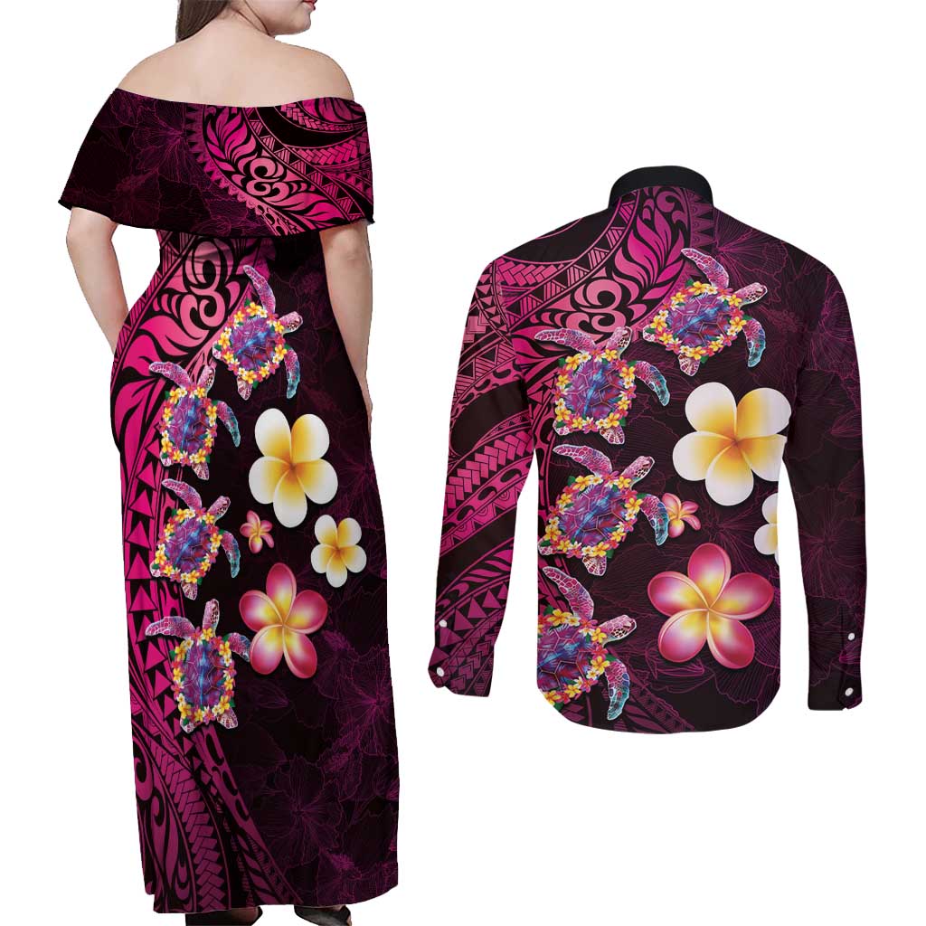 Hawaiian Turtles and Plumeria Couples Matching Off Shoulder Maxi Dress and Long Sleeve Button Shirt Polynesian Art Tribal Tattoo Cerise LT03 - Polynesian Pride