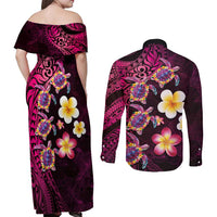 Hawaiian Turtles and Plumeria Couples Matching Off Shoulder Maxi Dress and Long Sleeve Button Shirt Polynesian Art Tribal Tattoo Cerise LT03 - Polynesian Pride