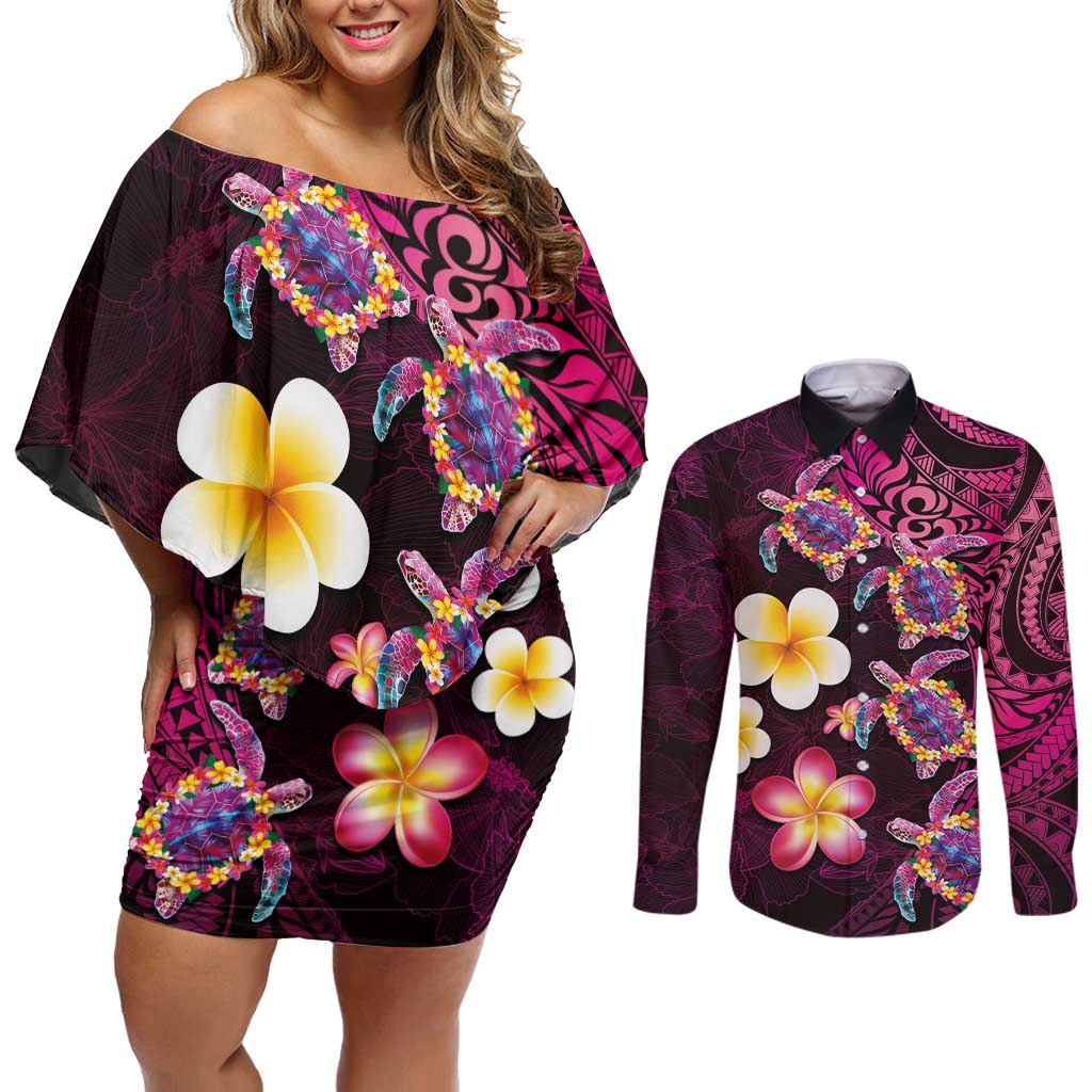 Hawaiian Turtles and Plumeria Couples Matching Off Shoulder Short Dress and Long Sleeve Button Shirt Polynesian Art Tribal Tattoo Cerise LT03 Pink - Polynesian Pride