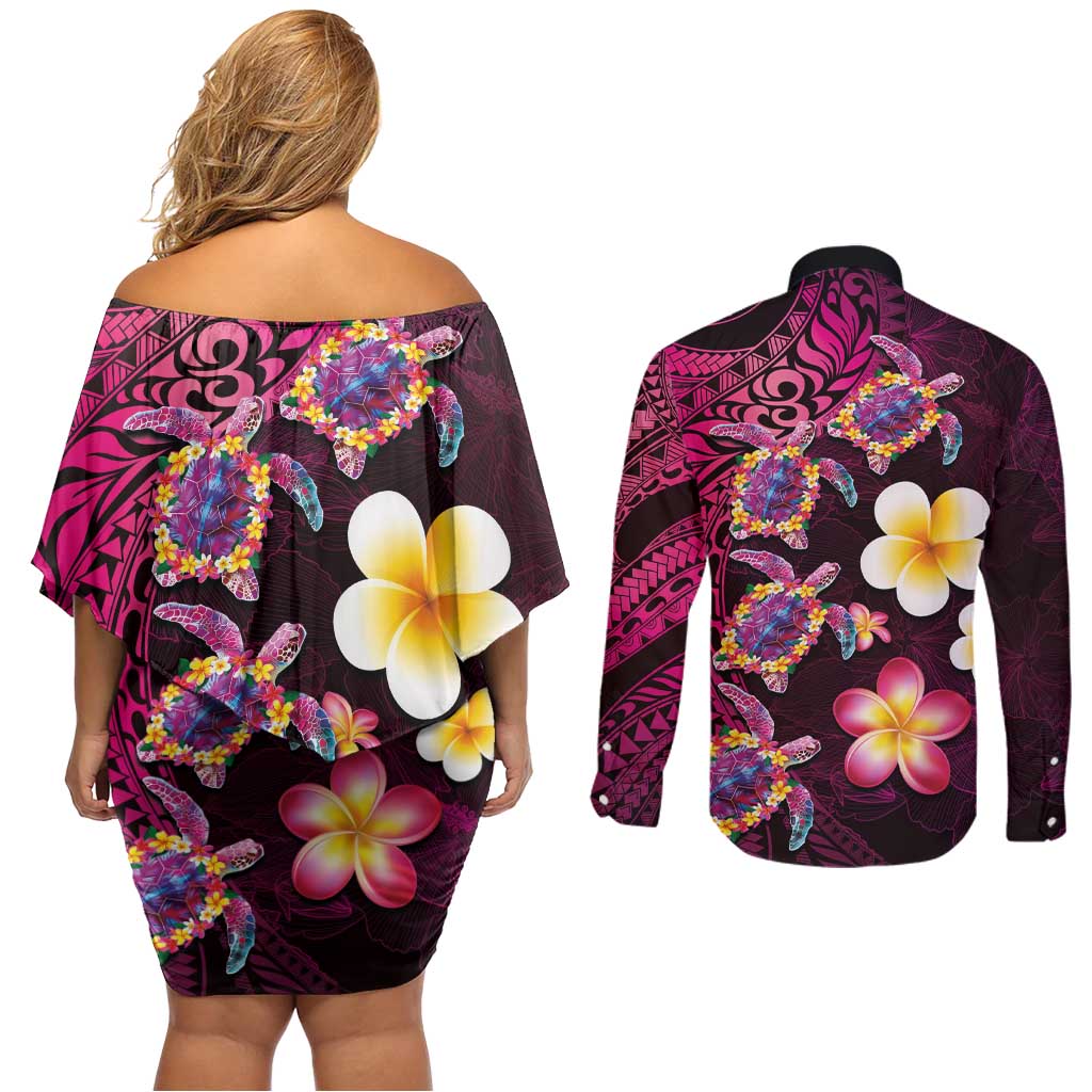 Hawaiian Turtles and Plumeria Couples Matching Off Shoulder Short Dress and Long Sleeve Button Shirt Polynesian Art Tribal Tattoo Cerise LT03 - Polynesian Pride