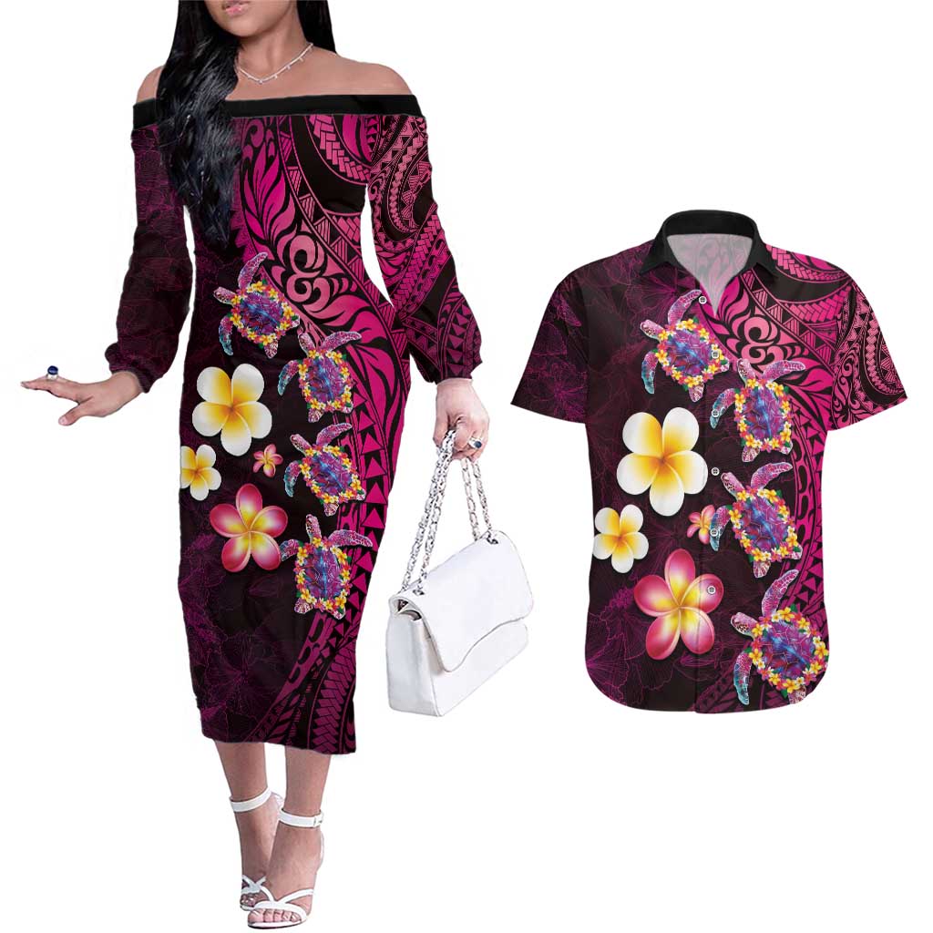 Hawaiian Turtles and Plumeria Couples Matching Off The Shoulder Long Sleeve Dress and Hawaiian Shirt Polynesian Art Tribal Tattoo Cerise