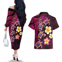 Hawaiian Turtles and Plumeria Couples Matching Off The Shoulder Long Sleeve Dress and Hawaiian Shirt Polynesian Art Tribal Tattoo Cerise LT03 - Polynesian Pride