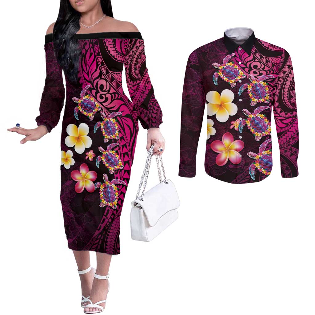 Hawaiian Turtles and Plumeria Couples Matching Off The Shoulder Long Sleeve Dress and Long Sleeve Button Shirt Polynesian Art Tribal Tattoo Cerise LT03 Pink - Polynesian Pride
