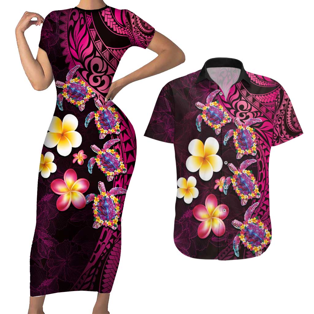 Hawaiian Turtles and Plumeria Couples Matching Short Sleeve Bodycon Dress and Hawaiian Shirt Polynesian Art Tribal Tattoo Cerise LT03 Pink - Polynesian Pride
