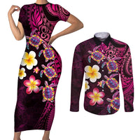 Hawaiian Turtles and Plumeria Couples Matching Short Sleeve Bodycon Dress and Long Sleeve Button Shirt Polynesian Art Tribal Tattoo Cerise LT03 Pink - Polynesian Pride