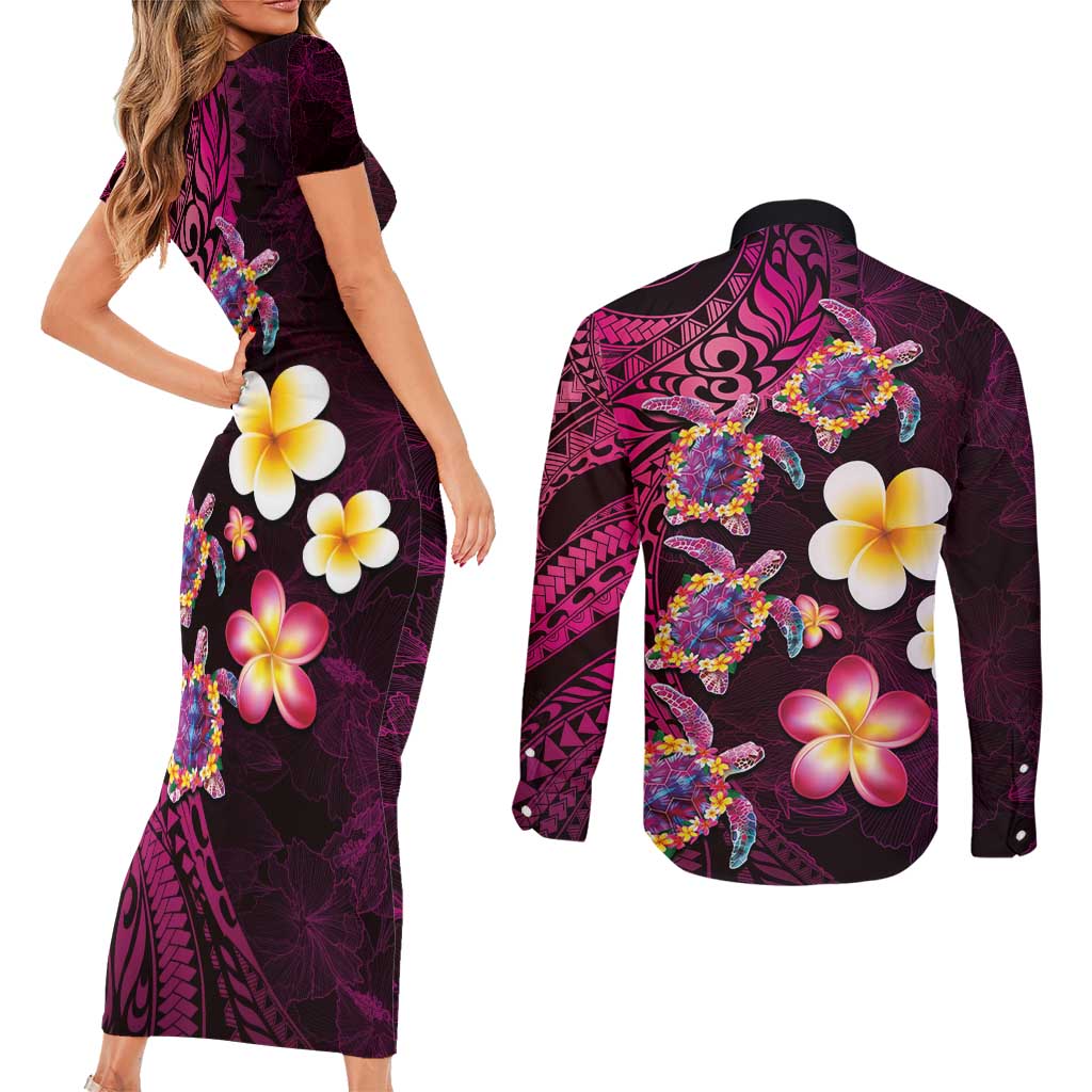 Hawaiian Turtles and Plumeria Couples Matching Short Sleeve Bodycon Dress and Long Sleeve Button Shirt Polynesian Art Tribal Tattoo Cerise LT03 - Polynesian Pride