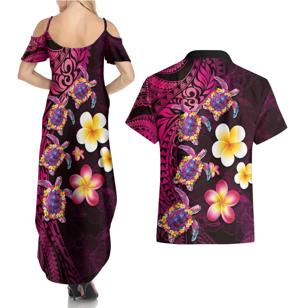 Hawaiian Turtles and Plumeria Couples Matching Summer Maxi Dress and Hawaiian Shirt Polynesian Art Tribal Tattoo Cerise LT03 - Polynesian Pride