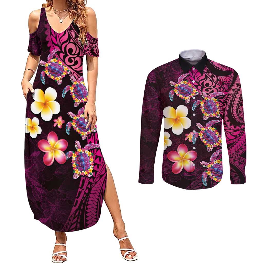 Hawaiian Turtles and Plumeria Couples Matching Summer Maxi Dress and Long Sleeve Button Shirt Polynesian Art Tribal Tattoo Cerise LT03 Pink - Polynesian Pride