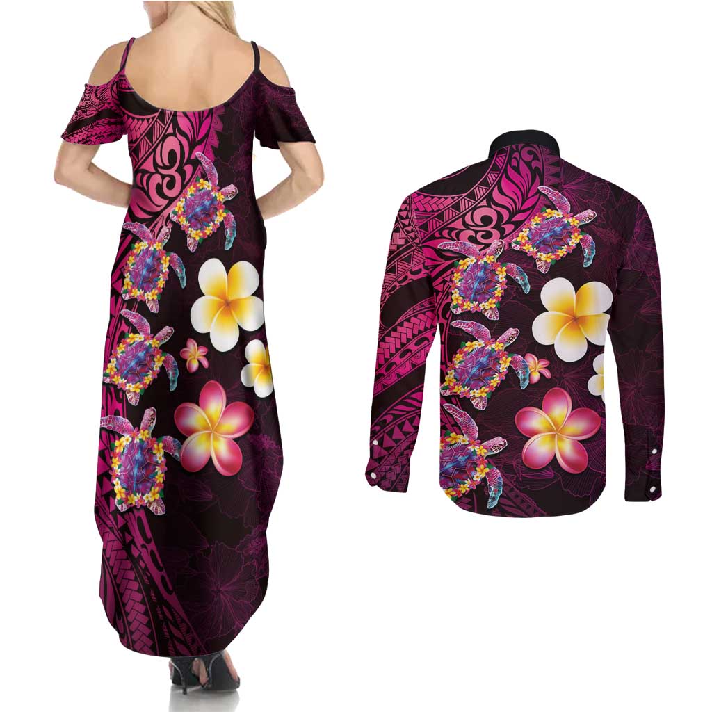 Hawaiian Turtles and Plumeria Couples Matching Summer Maxi Dress and Long Sleeve Button Shirt Polynesian Art Tribal Tattoo Cerise LT03 - Polynesian Pride
