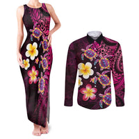 Hawaiian Turtles and Plumeria Couples Matching Tank Maxi Dress and Long Sleeve Button Shirt Polynesian Art Tribal Tattoo Cerise LT03 Pink - Polynesian Pride