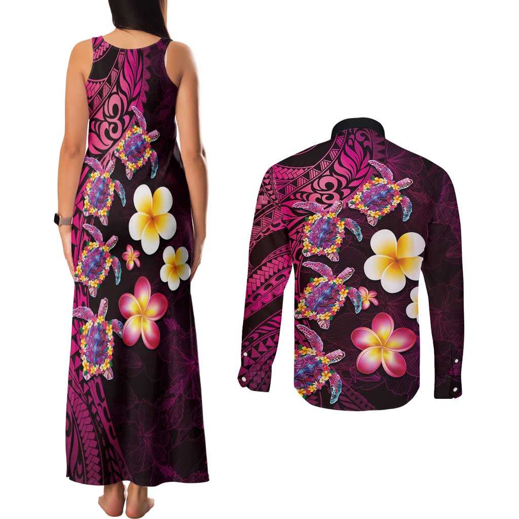 Hawaiian Turtles and Plumeria Couples Matching Tank Maxi Dress and Long Sleeve Button Shirt Polynesian Art Tribal Tattoo Cerise LT03 - Polynesian Pride