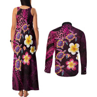 Hawaiian Turtles and Plumeria Couples Matching Tank Maxi Dress and Long Sleeve Button Shirt Polynesian Art Tribal Tattoo Cerise LT03 - Polynesian Pride