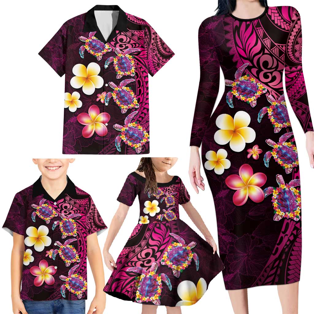 Hawaiian Turtles and Plumeria Family Matching Long Sleeve Bodycon Dress and Hawaiian Shirt Polynesian Art Tribal Tattoo Cerise LT03 - Polynesian Pride