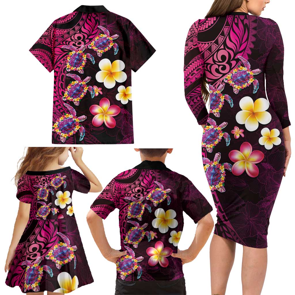 Hawaiian Turtles and Plumeria Family Matching Long Sleeve Bodycon Dress and Hawaiian Shirt Polynesian Art Tribal Tattoo Cerise LT03 - Polynesian Pride