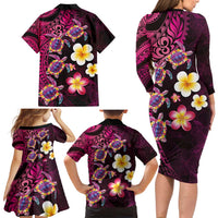 Hawaiian Turtles and Plumeria Family Matching Long Sleeve Bodycon Dress and Hawaiian Shirt Polynesian Art Tribal Tattoo Cerise LT03 - Polynesian Pride