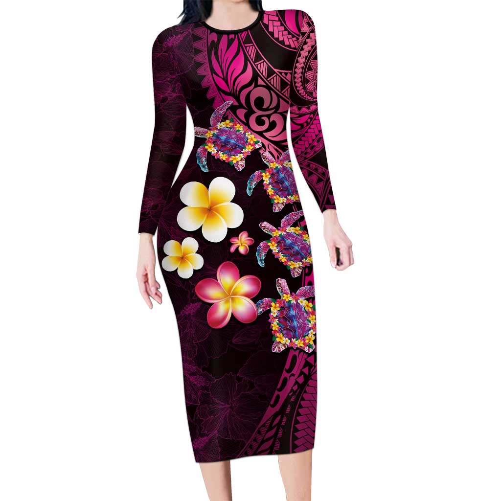 Hawaiian Turtles and Plumeria Family Matching Long Sleeve Bodycon Dress and Hawaiian Shirt Polynesian Art Tribal Tattoo Cerise LT03 Mom's Dress Pink - Polynesian Pride