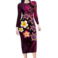 Hawaiian Turtles and Plumeria Family Matching Long Sleeve Bodycon Dress and Hawaiian Shirt Polynesian Art Tribal Tattoo Cerise LT03 Mom's Dress Pink - Polynesian Pride