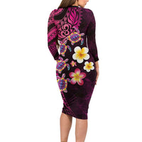 Hawaiian Turtles and Plumeria Family Matching Long Sleeve Bodycon Dress and Hawaiian Shirt Polynesian Art Tribal Tattoo Cerise LT03 - Polynesian Pride