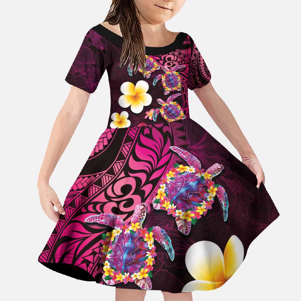 Hawaiian Turtles and Plumeria Family Matching Mermaid Dress and Hawaiian Shirt Polynesian Art Tribal Tattoo Cerise LT03 Daughter's Dress Pink - Polynesian Pride