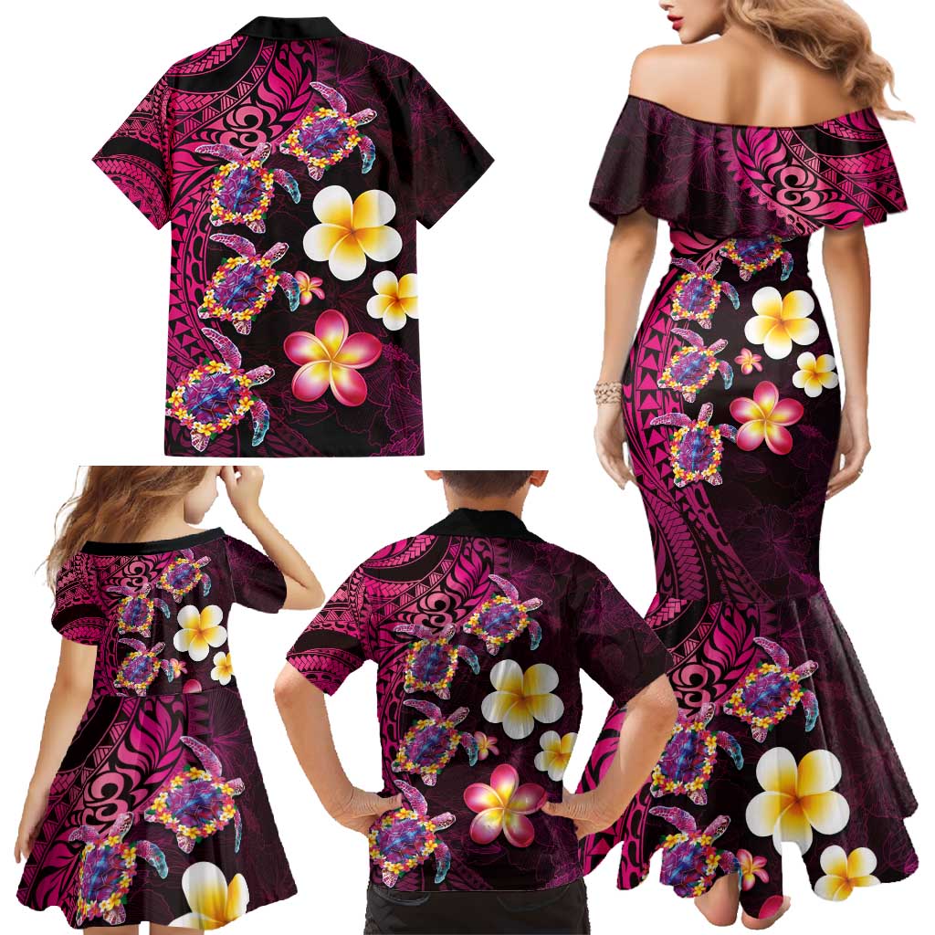 Hawaiian Turtles and Plumeria Family Matching Mermaid Dress and Hawaiian Shirt Polynesian Art Tribal Tattoo Cerise LT03 - Polynesian Pride