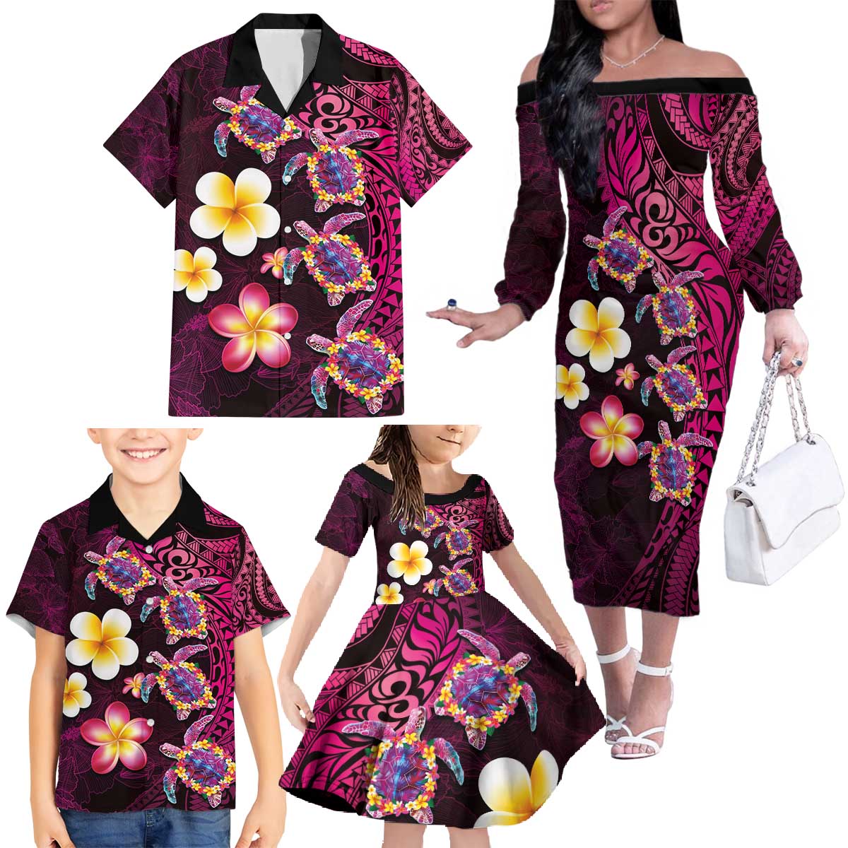 Hawaiian Turtles and Plumeria Family Matching Off The Shoulder Long Sleeve Dress and Hawaiian Shirt Polynesian Art Tribal Tattoo Cerise LT03 - Polynesian Pride