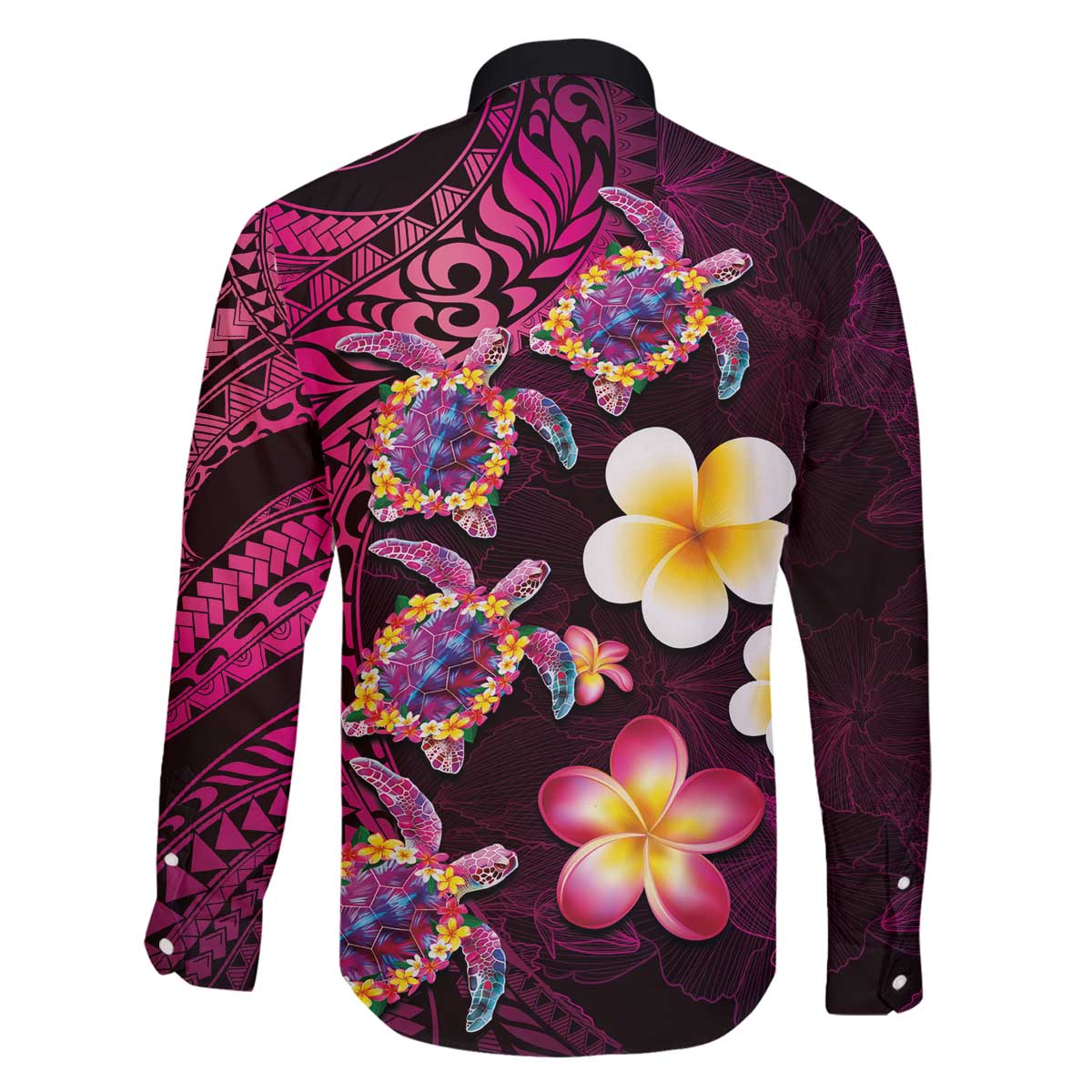 Hawaiian Turtles and Plumeria Family Matching Off The Shoulder Long Sleeve Dress and Hawaiian Shirt Polynesian Art Tribal Tattoo Cerise LT03 - Polynesian Pride