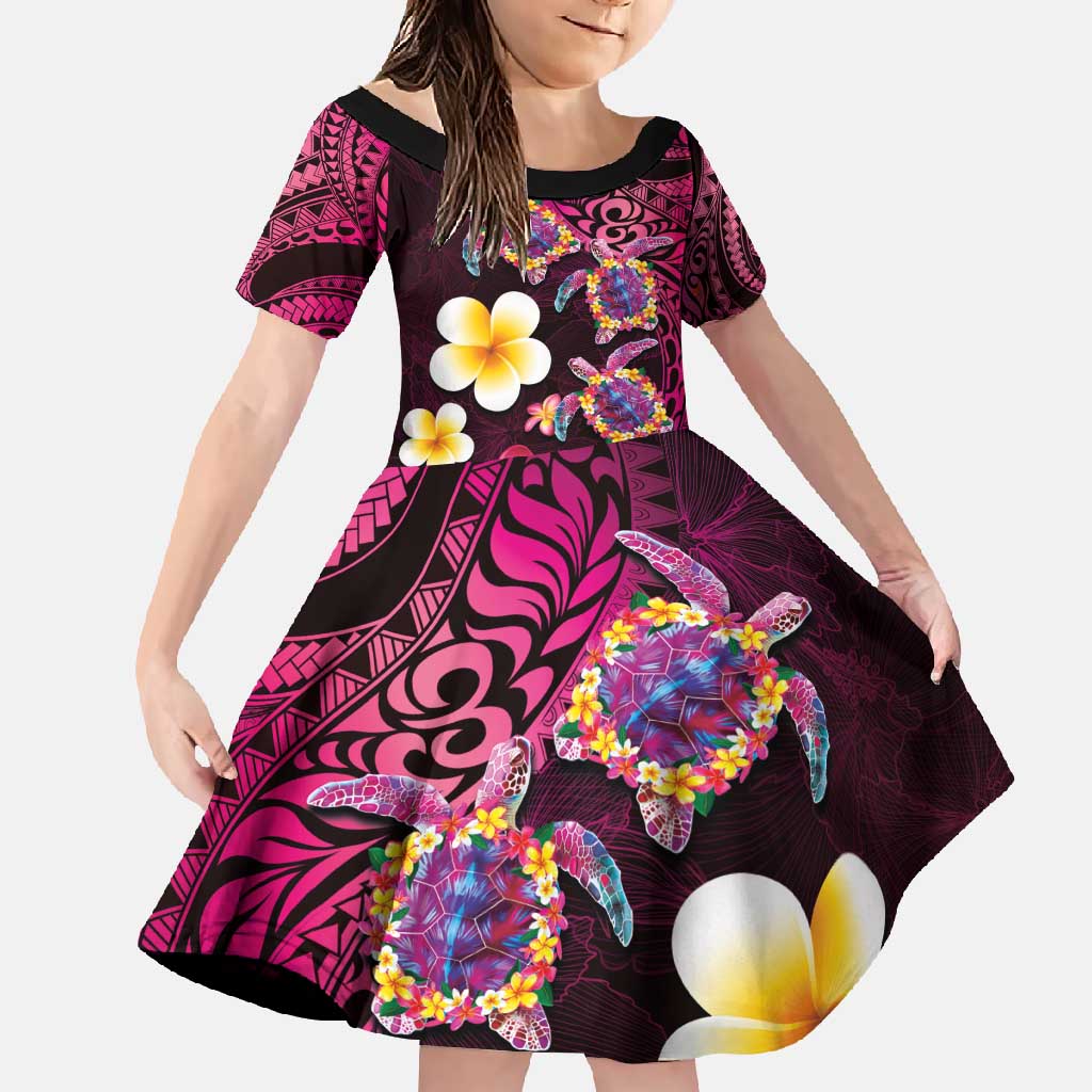 Hawaiian Turtles and Plumeria Family Matching Off Shoulder Maxi Dress and Hawaiian Shirt Polynesian Art Tribal Tattoo Cerise LT03 Daughter's Dress Pink - Polynesian Pride