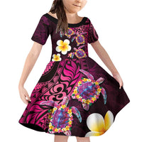 Hawaiian Turtles and Plumeria Family Matching Off Shoulder Short Dress and Hawaiian Shirt Polynesian Art Tribal Tattoo Cerise LT03 Daughter's Dress Pink - Polynesian Pride