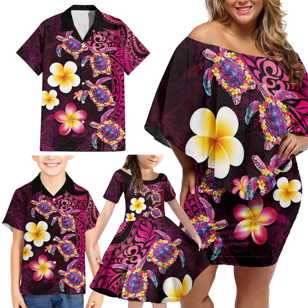 Hawaiian Turtles and Plumeria Family Matching Off Shoulder Short Dress and Hawaiian Shirt Polynesian Art Tribal Tattoo Cerise LT03 - Polynesian Pride